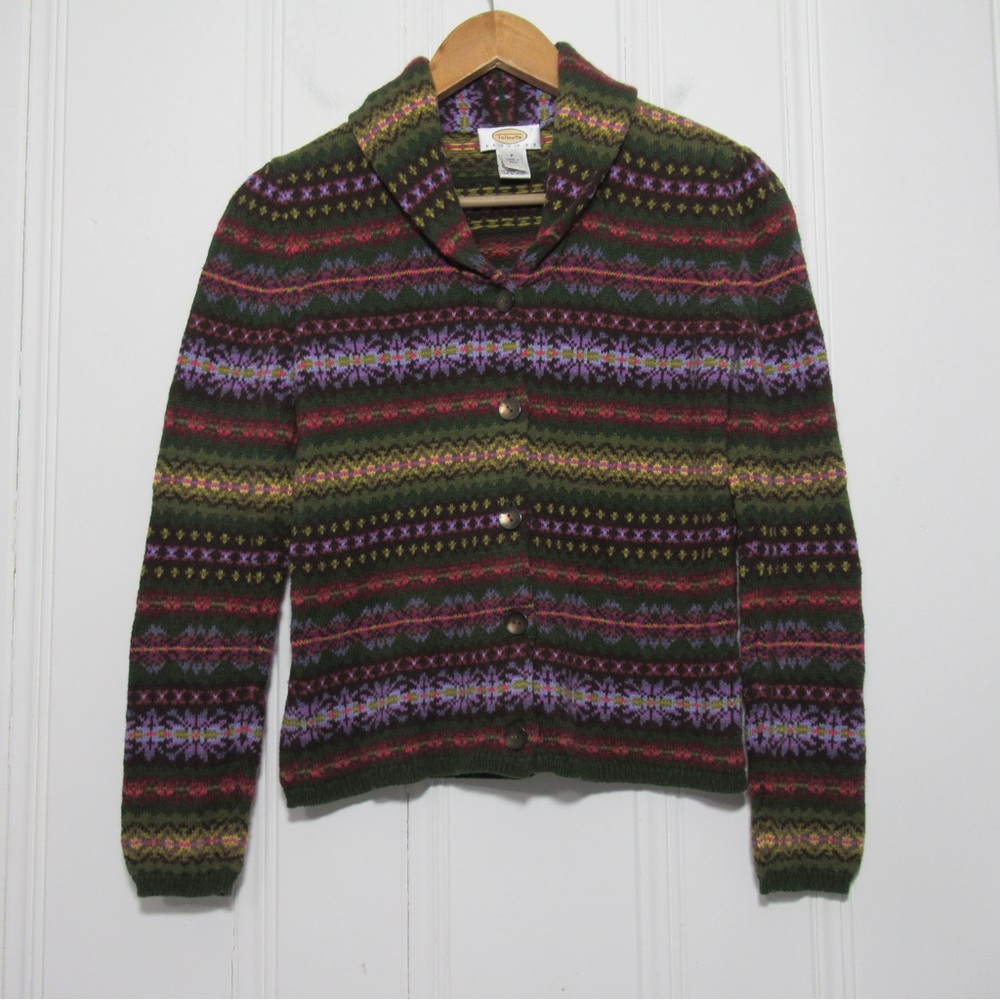 VINTAGE Talbots Wool Blend Fair Isle Shawl Collar Button Down Knit Cardigan SP